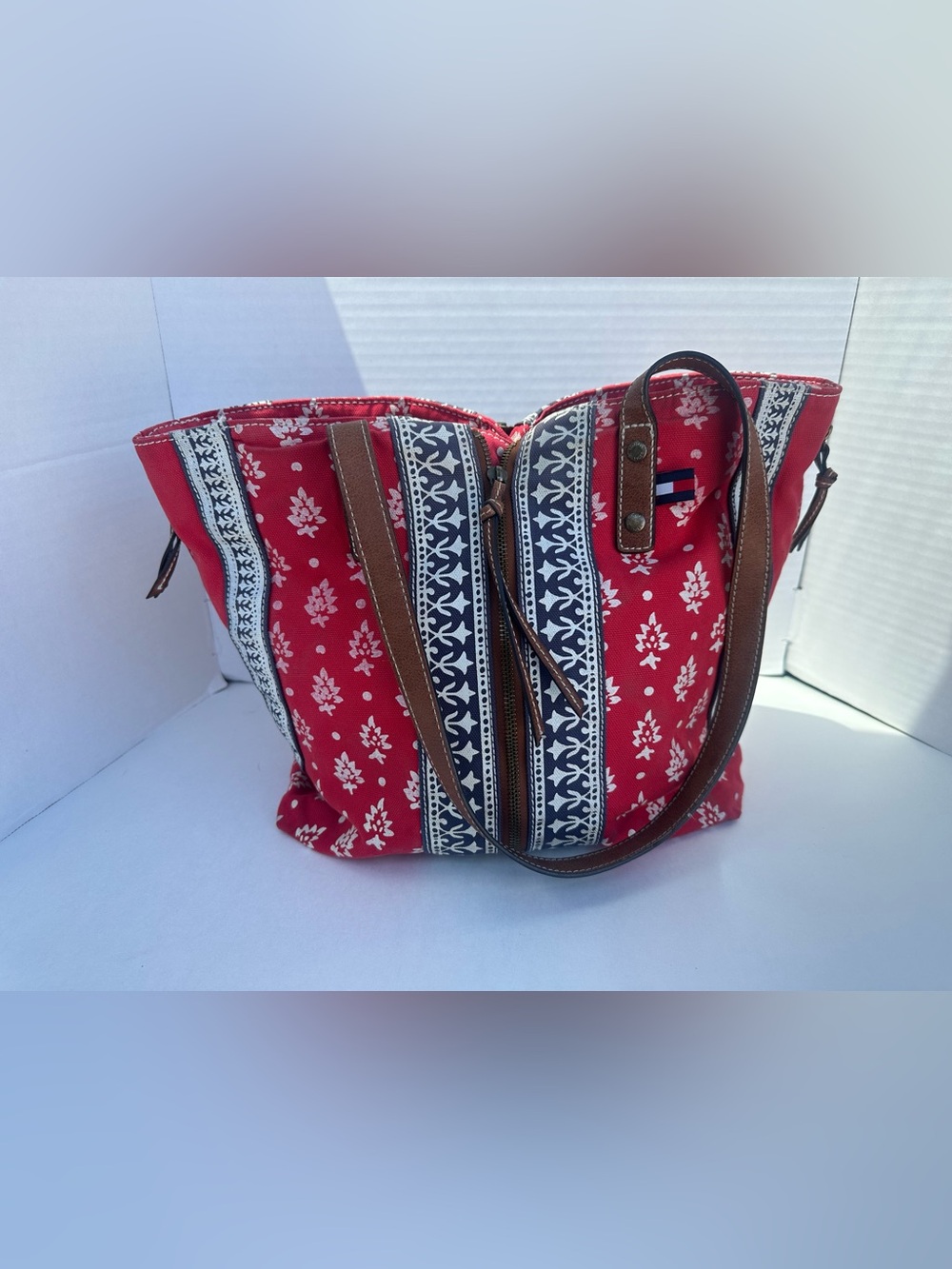 Tommy Hilfiger Vintage Red Canvas Expandable Bandana Boho Tote Bag